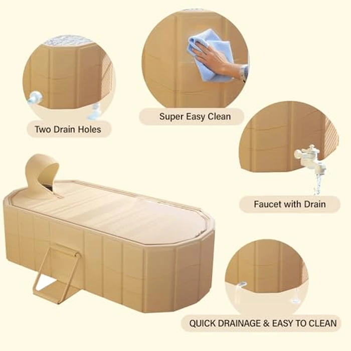 KUNCAIISH Portable Foldable Soaking Bathtub, Tub Bucket Kit, Ergonomic Design Family Bathroom SPA Tub with Lid, Freestanding Bath Tub for Hot Ice Bath, Easy to Carry, 59" Lx22 Wx20 H (Gold) by KUNCAIISH - Image 3