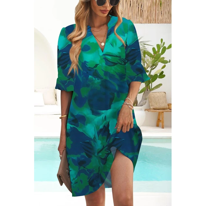 QACOHU Women's Summer Casual Dresses Sundress Ruffle Sleeves Simple V-Neck Shift Dress Dye Green L by QACOHU - Image 4