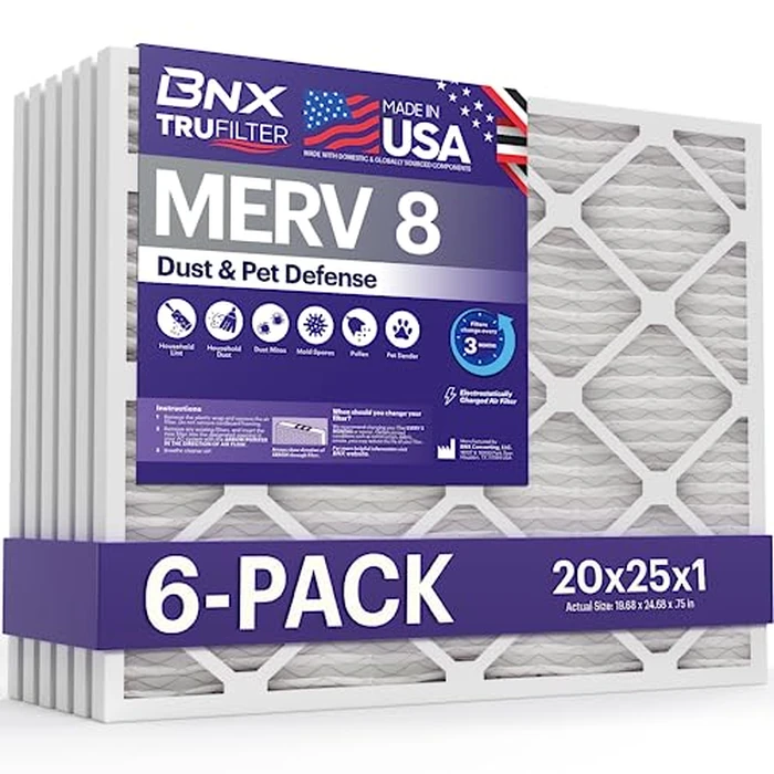 BNX TruFilter 20x25x1 Air Filter MERV 8 (6-Pack) - MADE IN USA - Dust & Pet Defense Electrostatic Pleated Air Conditioner HVAC AC Furnace Filters for Dust, Pet, Mold, Pollen MPR 600 - 700 & FPR 5 by BNX - Used - Very Good condition - US$37.32
