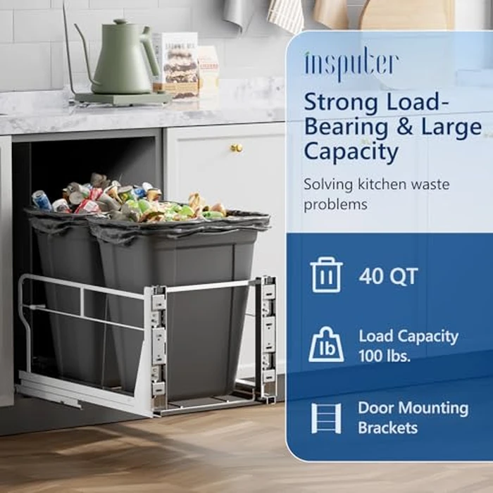 Insputer Double 40QT Pull Out Trash Can Under Cabinet, Heavy Duty Under Sink Garbage Bin Kit with Soft-Close Slides for Kitchen, Laundry, Requires Minimum Cabinets Opening 18" W X 24" D by Insputer - Image 2