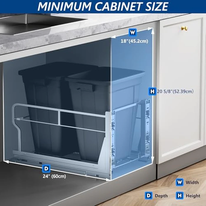 Insputer Double 40QT Pull Out Trash Can Under Cabinet, Heavy Duty Under Sink Garbage Bin Kit with Soft-Close Slides for Kitchen, Laundry, Requires Minimum Cabinets Opening 18" W X 24" D by Insputer - Image 4