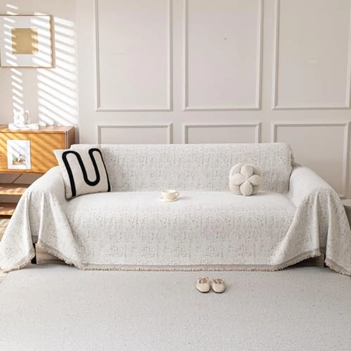 KaviKon Couch Cover for Dogs, Boho Sofa Covers for 3 Cushion Couch, Chenille Slipcover for Pets Washable, L-Shape Sectional Couch Loveseat Cover Soft Throw Blankets with Tassels(71x118,Speckled Beige) by KaviKon - Image 1
