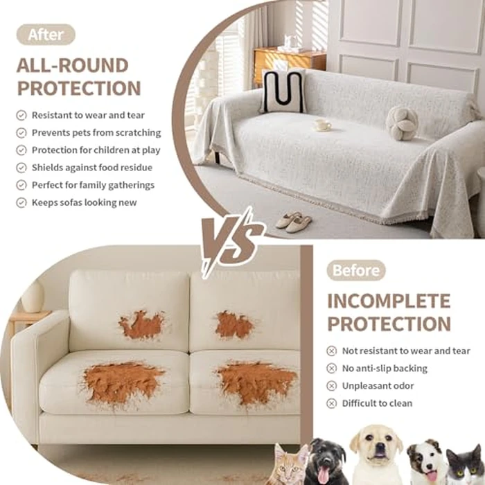 KaviKon Couch Cover for Dogs, Boho Sofa Covers for 3 Cushion Couch, Chenille Slipcover for Pets Washable, L-Shape Sectional Couch Loveseat Cover Soft Throw Blankets with Tassels(71x118,Speckled Beige) by KaviKon - Image 4