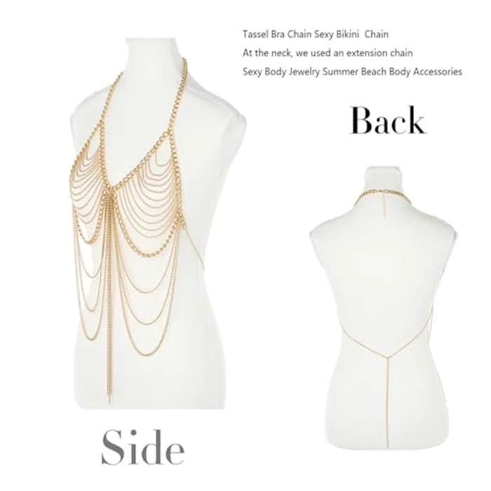 Bmirth Tassel Body Chain Sexy Bra Chains Gold Body Jewelry Bikini Chain Beach Accessories Rave Nightclub Party Accessory (Gold) by Bmirth - Image 3