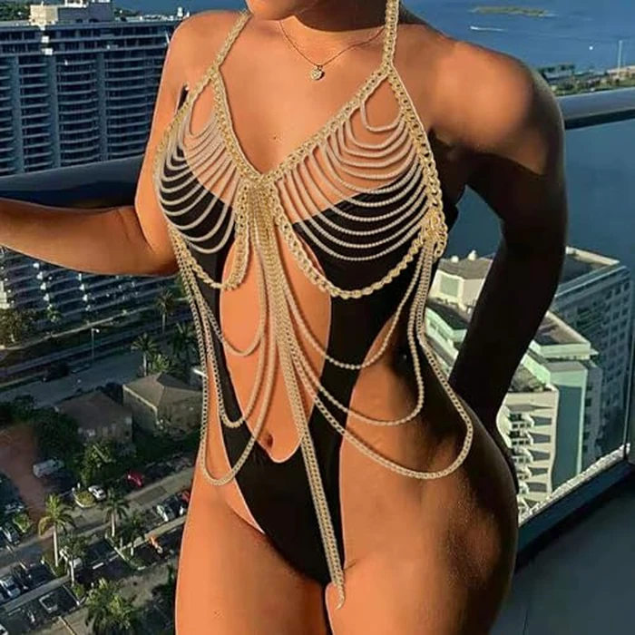 Bmirth Tassel Body Chain Sexy Bra Chains Gold Body Jewelry Bikini Chain Beach Accessories Rave Nightclub Party Accessory (Gold) by Bmirth - Image 4