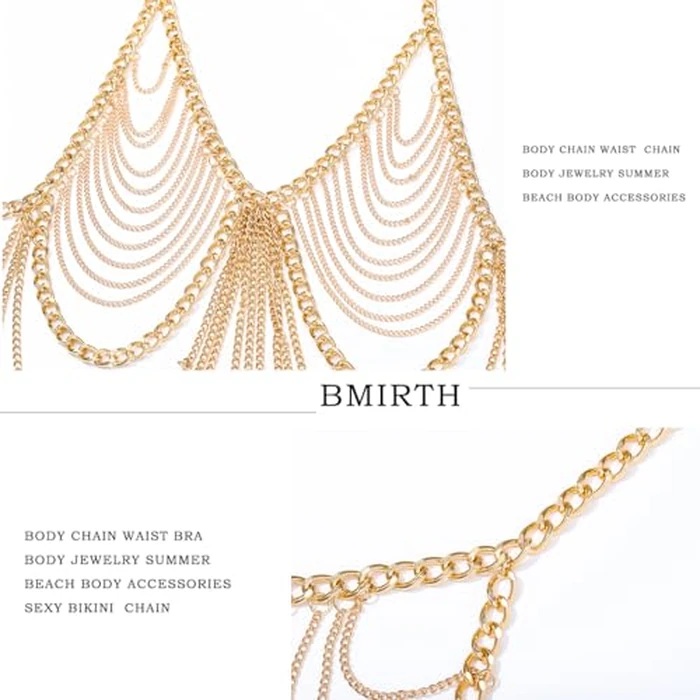 Bmirth Tassel Body Chain Sexy Bra Chains Gold Body Jewelry Bikini Chain Beach Accessories Rave Nightclub Party Accessory (Gold) by Bmirth - Image 5