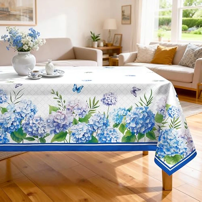 Arquiel Hydrangea Floral Tablecloth Waterproof, Blue Flower Butterfly Table Cloth Rectangle Stain Resistant, Washable Table Cover for Home Kitchen Dining Party Decoration (60x104 Inch) by Arquiel - Image 1