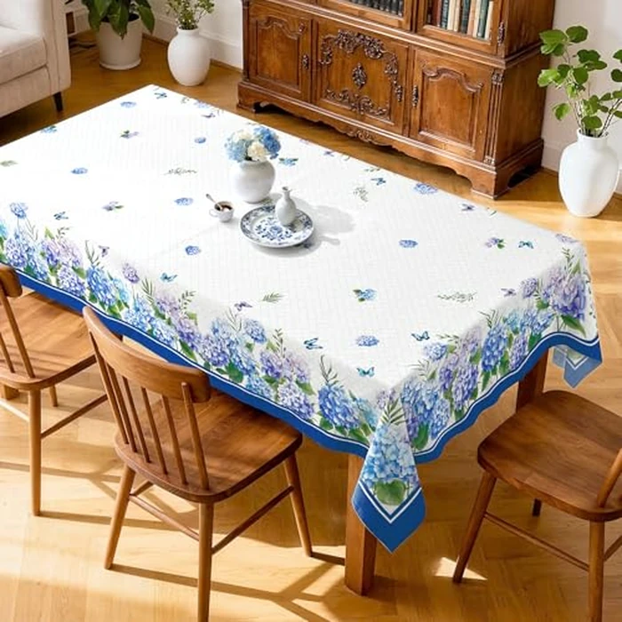 Arquiel Hydrangea Floral Tablecloth Waterproof, Blue Flower Butterfly Table Cloth Rectangle Stain Resistant, Washable Table Cover for Home Kitchen Dining Party Decoration (60x104 Inch) by Arquiel - Image 2