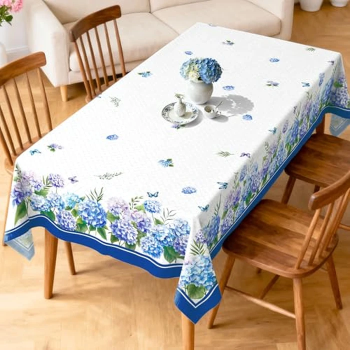 Arquiel Hydrangea Floral Tablecloth Waterproof, Blue Flower Butterfly Table Cloth Rectangle Stain Resistant, Washable Table Cover for Home Kitchen Dining Party Decoration (60x104 Inch) by Arquiel - Image 3