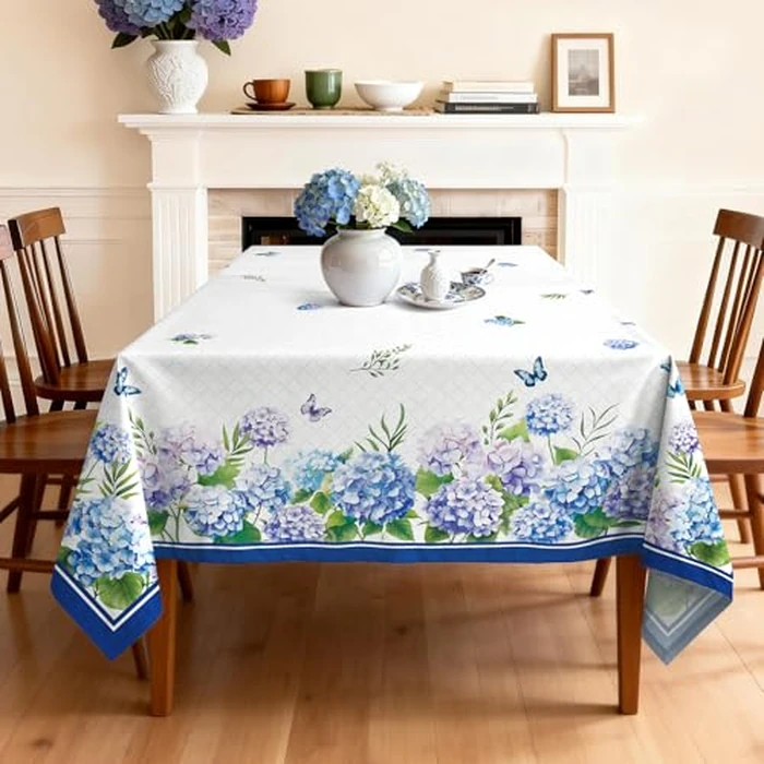 Arquiel Hydrangea Floral Tablecloth Waterproof, Blue Flower Butterfly Table Cloth Rectangle Stain Resistant, Washable Table Cover for Home Kitchen Dining Party Decoration (60x104 Inch) by Arquiel - Image 4