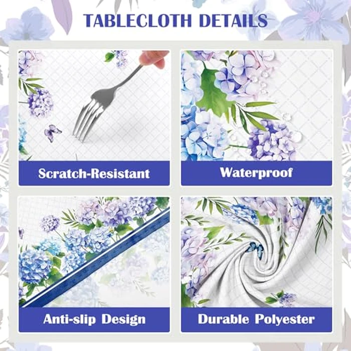 Arquiel Hydrangea Floral Tablecloth Waterproof, Blue Flower Butterfly Table Cloth Rectangle Stain Resistant, Washable Table Cover for Home Kitchen Dining Party Decoration (60x104 Inch) by Arquiel - Image 5