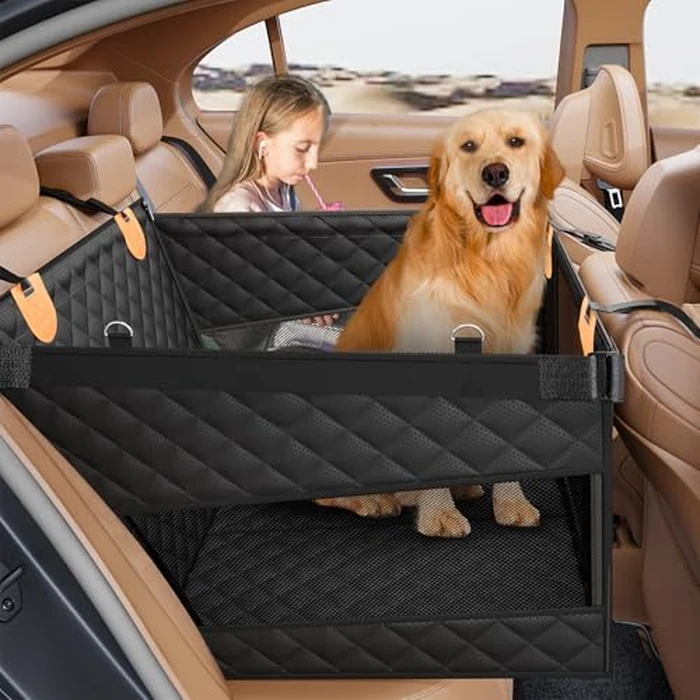 PETICON Large Dog Car Seat, Back Seat Extender for Dogs with 3 Mesh Windows, Waterproof Medium Carseat for Dogs with 4-Splice Hard Bottom, Pet Seat Cover for Cars, Trucks and SUVs (Black) by PETICON - Image 1