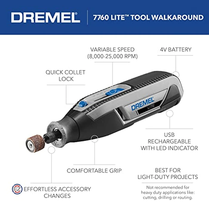 Dremel Lite 7760 N/10 4V Li-Ion Cordless Rotary Tool, Variable Speed Multi-Purpose Kit, USB Charging, Easy Accessory Changes - Perfect For Light-Duty DIY & Crafting, Sanding, Engraving and Polishing by Dremel - Image 2