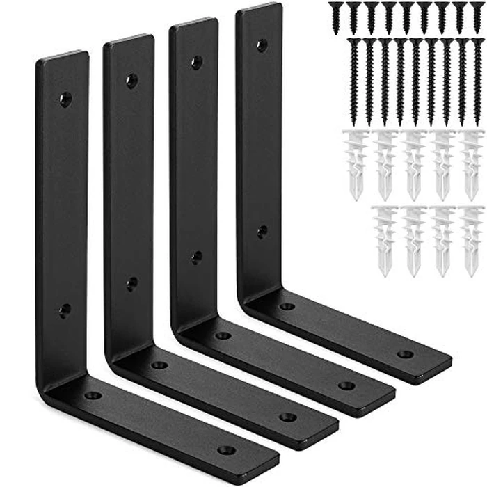 Heavy-Duty Shelf Brackets - Premium Construction Grade 1/4" (6mm) Thick Steel - Matte Black Iron Finish for Modern Farmhouse Rustic Open Shelving w/ Hardware, 4-Pack (L Bracket 8" x 6") by Claimed Corner - Used - Like New condition - US$27.81
