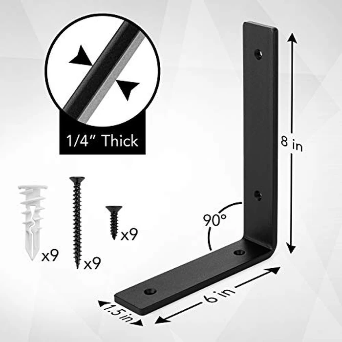 Heavy-Duty Shelf Brackets - Premium Construction Grade 1/4" (6mm) Thick Steel - Matte Black Iron Finish for Modern Farmhouse Rustic Open Shelving w/ Hardware, 4-Pack (L Bracket 8" x 6") by Claimed Corner - Image 3