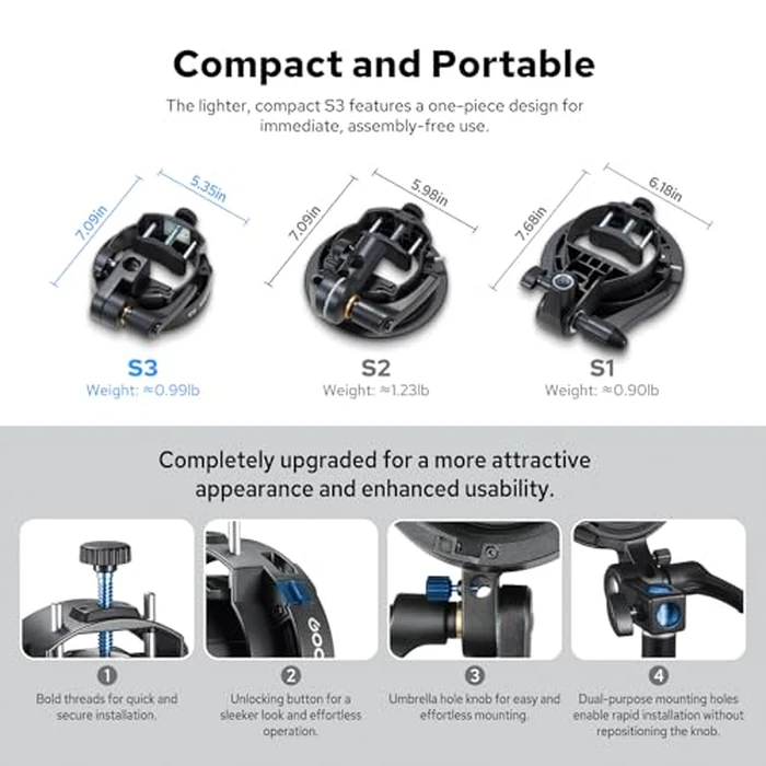 Godox S3 Speedlite Bracket, S-Type Bracket Updated Version Bowens Mount Holder for Godox V1 V1Pro V100 AD300Pro AD200ProII AD200Pro AD200 AD100 V860II V860III TT350, Support +/-90 degrees Angle Adjustment by GODOX - Image 6
