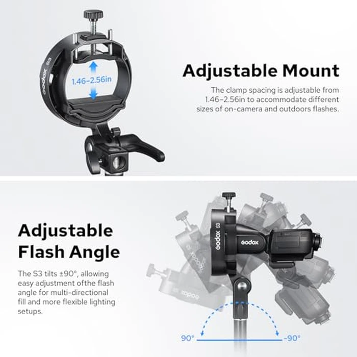 Godox S3 Speedlite Bracket, S-Type Bracket Updated Version Bowens Mount Holder for Godox V1 V1Pro V100 AD300Pro AD200ProII AD200Pro AD200 AD100 V860II V860III TT350, Support +/-90 degrees Angle Adjustment by GODOX - Image 7