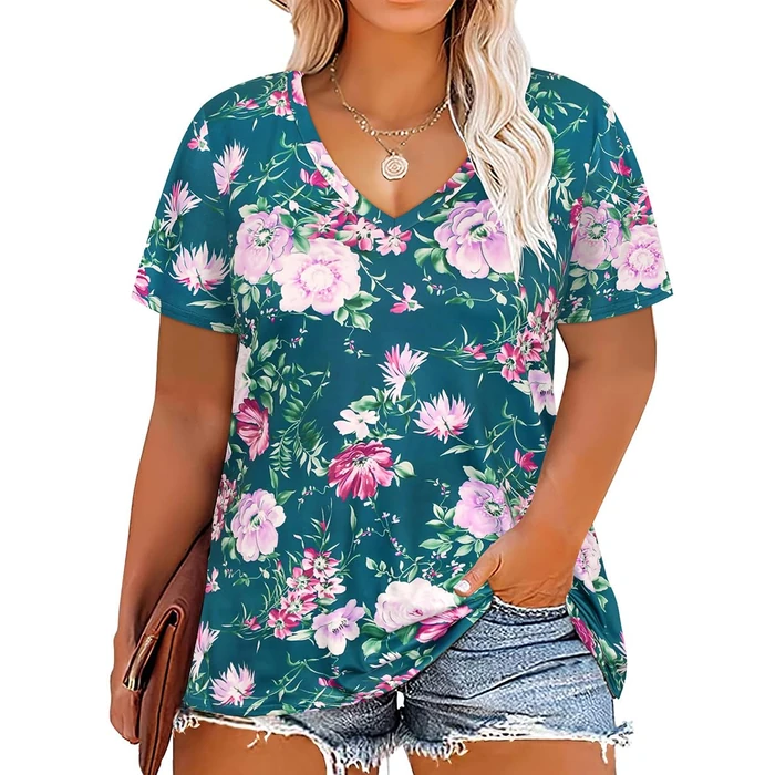 RITERA Plus Size Tops for Cuvry Women Short Sleeve Flower Shirts Pullover Basic V Neck Summer Casual Tunic Spring Tunic 2XL 16W 18W by RITERA - Used - Like New condition - US$18.05