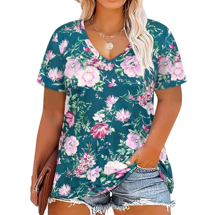 RITERA Plus Size Tops for Cuvry Women Short Sleeve Flower Shirts Pullover Basic V Neck Summer Casual Tunic Spring Tunic 2XL 16W 18W by RITERA - Image 2