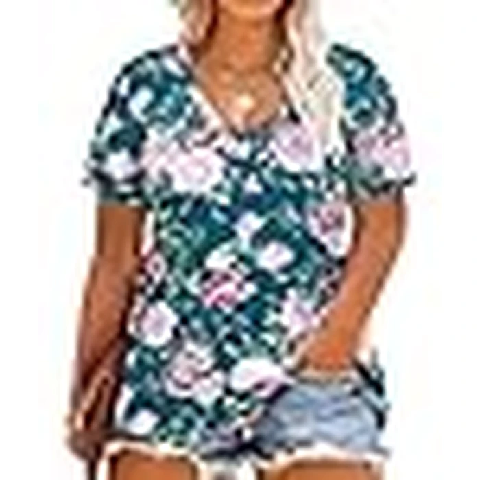 RITERA Plus Size Tops for Cuvry Women Short Sleeve Flower Shirts Pullover Basic V Neck Summer Casual Tunic Spring Tunic 2XL 16W 18W by RITERA - Image 3