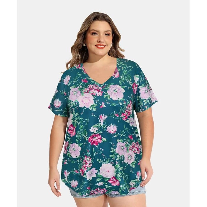 RITERA Plus Size Tops for Cuvry Women Short Sleeve Flower Shirts Pullover Basic V Neck Summer Casual Tunic Spring Tunic 2XL 16W 18W by RITERA - Image 4