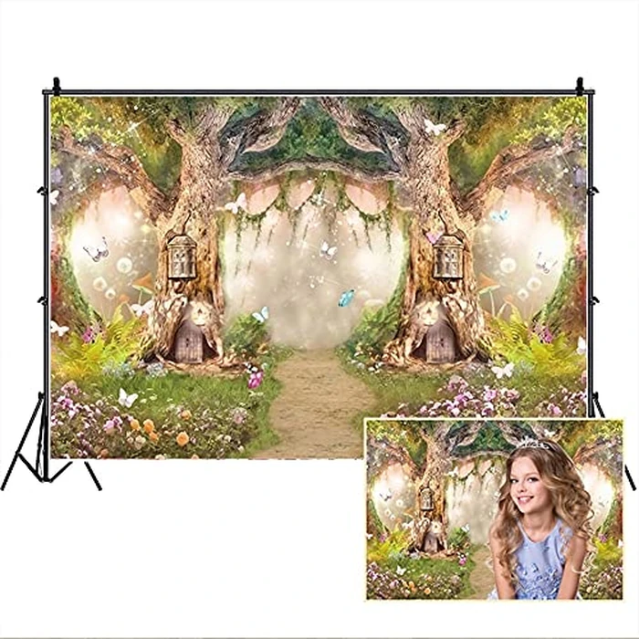 Leowefowa 12x8ft Forest Birthday Backdrop Fairytale Forest Backdrop Enchanted Forest Flower Baby Shower Photo Backgrounds for Party Photo Shoots Newborn Baby Kids Studio Props Photography Backdrops by Leowefowa - Used - Like New condition