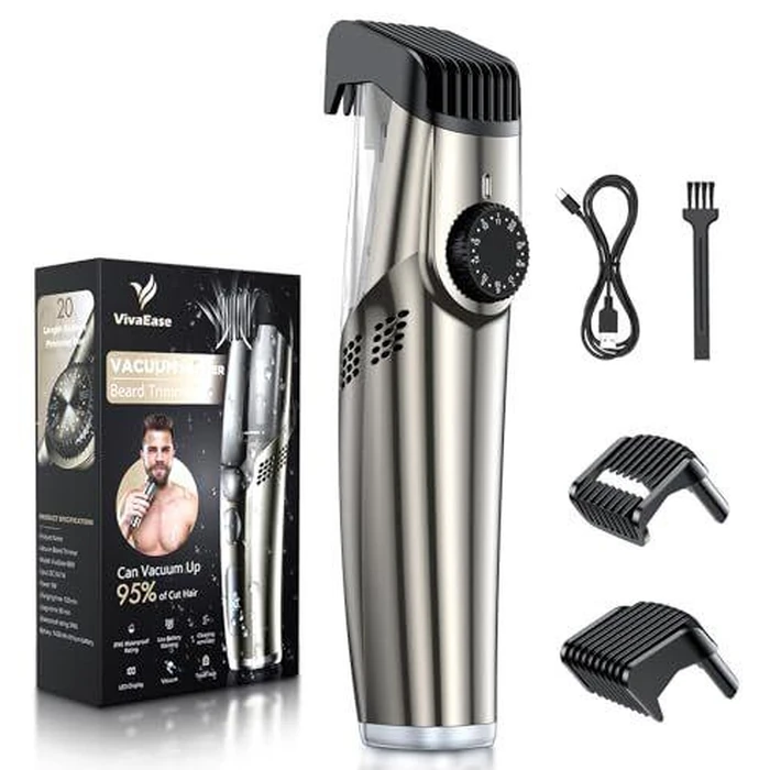 VivaEase Vacuum Beard Trimmer for Men Upgrade Adjustable Length with 2 Comb - Silver by VivaEase - Refurbished - Excellent condition - US$47.62