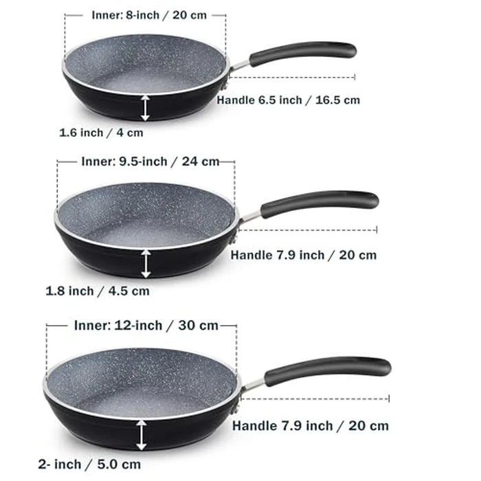 Cook N Home 8"/10"/12" 3 Pieces Frying Saute Pan Set with Non-stick Coating and Induction Compatible bottom, Black by Cook N Home - Image 2