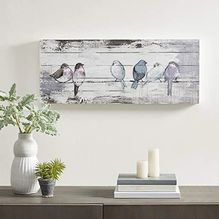 Madison Park Perched Birds Wall Art Living Room Décor - Hand Painted Wood Plank, Home Accent Farmhouse Bathroom Decoration White/Grey,30"W x 12"H x 1.5"D by Madison Park - Used - Like New condition