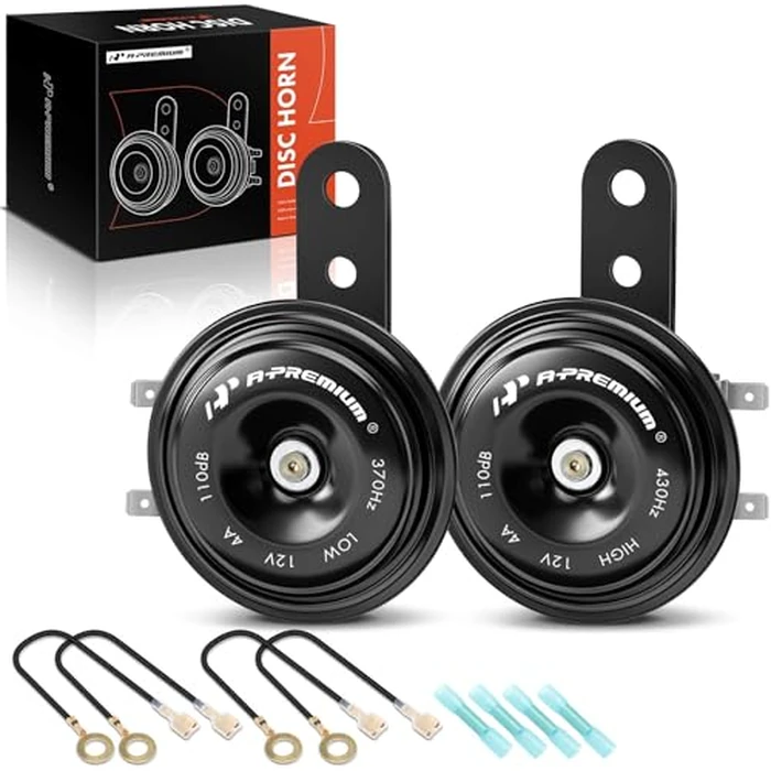 A-Premium - Disc Horn 2PCS High & Low Universal Electric Horns, 12V 110 dB, Compatible with Most Passenger Car, Commercial/Off-Road Vehicle, Motorcycles, ATVs, Scooter, Dirt/Pocket Bikes & More, 76 mm by A-Premium - Used - Like New condition - US$16.06