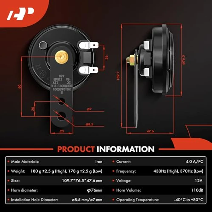 A-Premium - Disc Horn 2PCS High & Low Universal Electric Horns, 12V 110 dB, Compatible with Most Passenger Car, Commercial/Off-Road Vehicle, Motorcycles, ATVs, Scooter, Dirt/Pocket Bikes & More, 76 mm by A-Premium - Image 4
