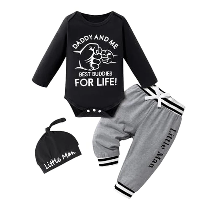 Aoswep Baby Boy Clothes Newborn Infant Baby Clothes Romper + Pants + Hat 3PCS Outfits Set (Black, 0-3 Months) by Aoswep - Used - Like New condition - US$17.02
