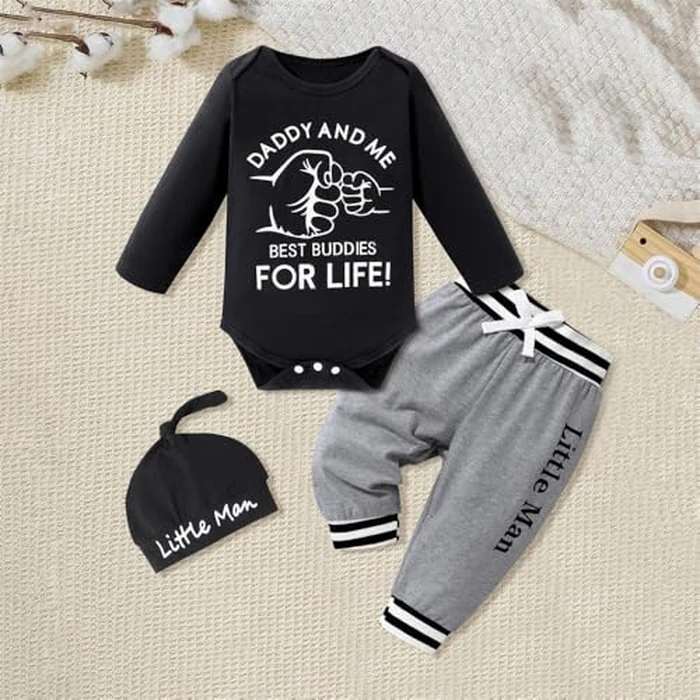 Aoswep Baby Boy Clothes Newborn Infant Baby Clothes Romper + Pants + Hat 3PCS Outfits Set (Black, 0-3 Months) by Aoswep - Image 2