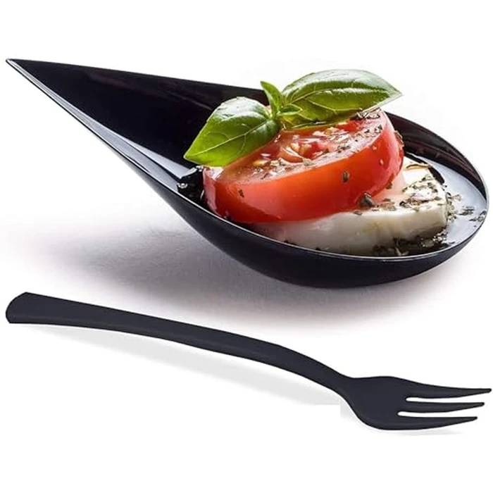 DLux 100 4-in Tear Drop Mini Appetizer Plates with Forks,Reusable Black Plastic Spoons - Desserts and Appetizers Dishes Serving Plate - Asian Spoon Set, Small Catering Dessert Tasting Cups by DLux - Used - Acceptable condition