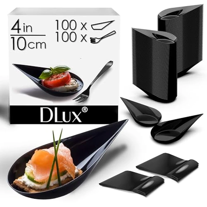 DLux 100 4-in Tear Drop Mini Appetizer Plates with Forks,Reusable Black Plastic Spoons - Desserts and Appetizers Dishes Serving Plate - Asian Spoon Set, Small Catering Dessert Tasting Cups by DLux - Image 2