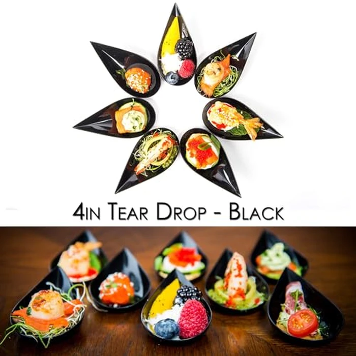 DLux 100 4-in Tear Drop Mini Appetizer Plates with Forks,Reusable Black Plastic Spoons - Desserts and Appetizers Dishes Serving Plate - Asian Spoon Set, Small Catering Dessert Tasting Cups by DLux - Image 4