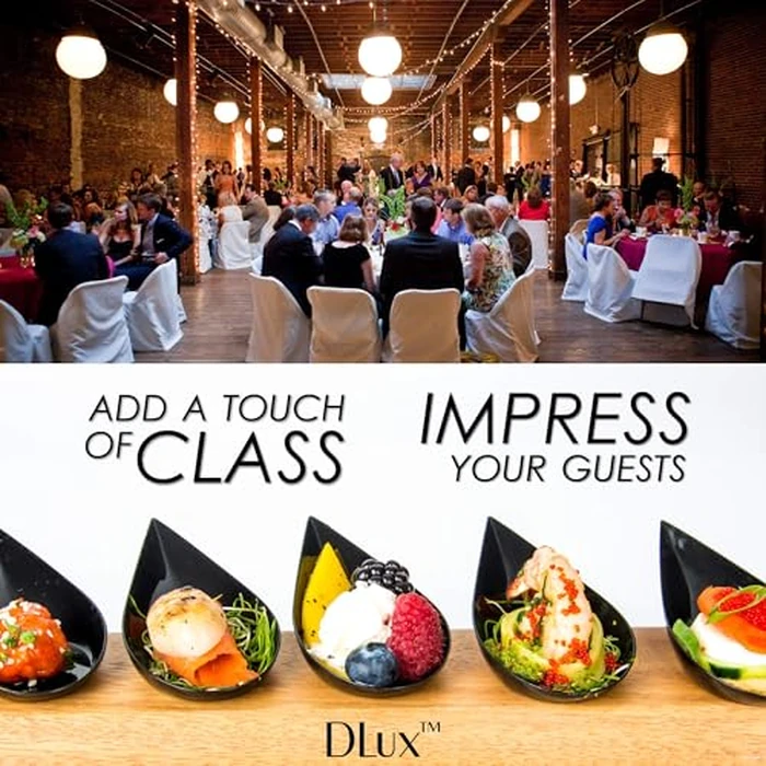 DLux 100 4-in Tear Drop Mini Appetizer Plates with Forks,Reusable Black Plastic Spoons - Desserts and Appetizers Dishes Serving Plate - Asian Spoon Set, Small Catering Dessert Tasting Cups by DLux - Image 5