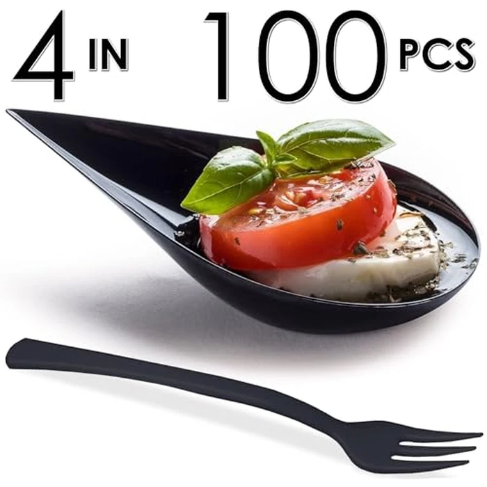 DLux 100 4-in Tear Drop Mini Appetizer Plates with Forks,Reusable Black Plastic Spoons - Desserts and Appetizers Dishes Serving Plate - Asian Spoon Set, Small Catering Dessert Tasting Cups by DLux - Image 7