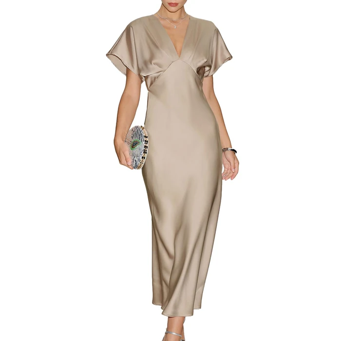 RIHOAS Women Midi Dresses V Neck Ruffled A-Line Dress Elegant Spring Fall Cocktail Dress Acetate Flowy Formal Party Gown Wedding Apricot S by RIHOAS - Used - Like New condition - US$39.56