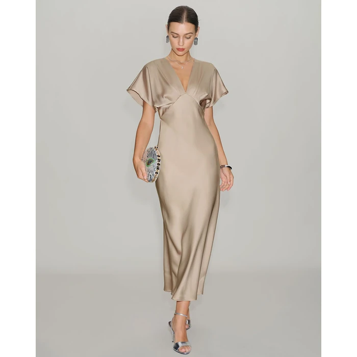 RIHOAS Women Midi Dresses V Neck Ruffled A-Line Dress Elegant Spring Fall Cocktail Dress Acetate Flowy Formal Party Gown Wedding Apricot S by RIHOAS - Image 2