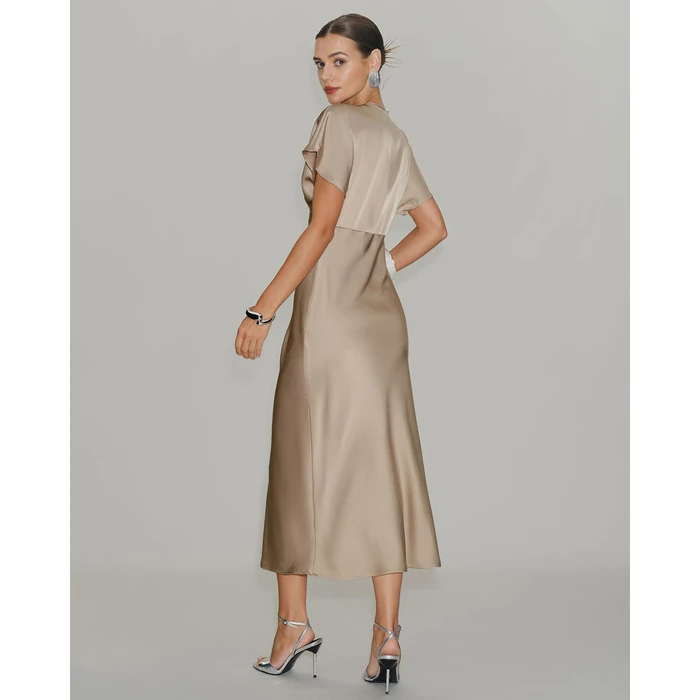 RIHOAS Women Midi Dresses V Neck Ruffled A-Line Dress Elegant Spring Fall Cocktail Dress Acetate Flowy Formal Party Gown Wedding Apricot S by RIHOAS - Image 3