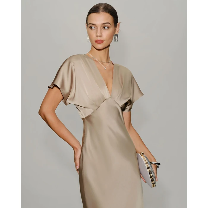 RIHOAS Women Midi Dresses V Neck Ruffled A-Line Dress Elegant Spring Fall Cocktail Dress Acetate Flowy Formal Party Gown Wedding Apricot S by RIHOAS - Image 4