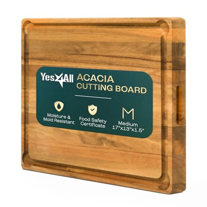 Yes4All Durable Acacia Cutting Boards for Kitchen, 43cm L x 33cm W x 3.8cm Thick, Medium Edge Grain Cutting Board, Pre-Oiled Wood Chopping Board with Juice Grooves and Easy Grip Handle by Yes4All - Image 3