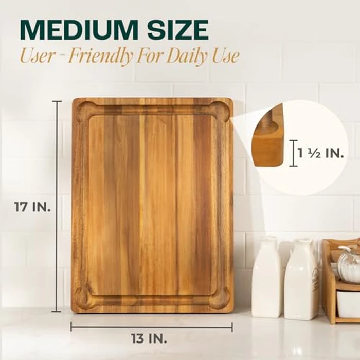 Yes4All Durable Acacia Cutting Boards for Kitchen, 43cm L x 33cm W x 3.8cm Thick, Medium Edge Grain Cutting Board, Pre-Oiled Wood Chopping Board with Juice Grooves and Easy Grip Handle by Yes4All - Image 5
