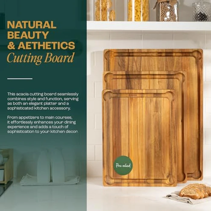 Yes4All Durable Acacia Cutting Boards for Kitchen, 43cm L x 33cm W x 3.8cm Thick, Medium Edge Grain Cutting Board, Pre-Oiled Wood Chopping Board with Juice Grooves and Easy Grip Handle by Yes4All - Image 9