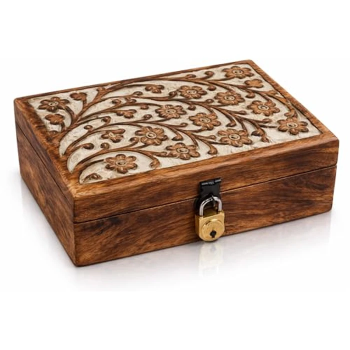The Great Indian Bazaar Great Handmade Wooden Jewelry Box With Lock Key Jewelry Organizer Keepsake Box Treasure Chest Trinket Holder Storage s 8 X 5 Inches Medium White Wash Finish by The Great Indian Bazaar - Used - Like New condition - CA$25.26
