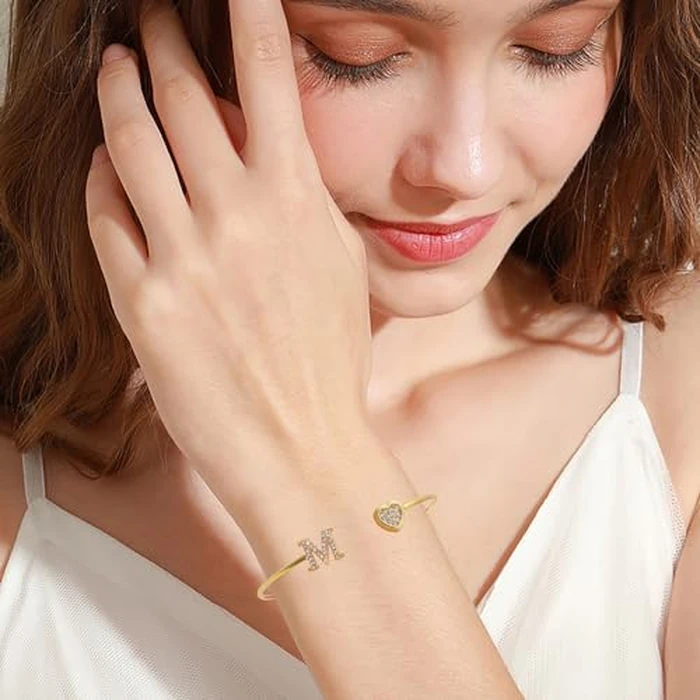 solilayx Gold Initial Bracelet for Women, Open Cuff Bangle with Cubic Zirconia, Personalized A-Z Letter Charm Bracelet, Fashionable Jewelry Gifts for Her by solilayx - Image 2