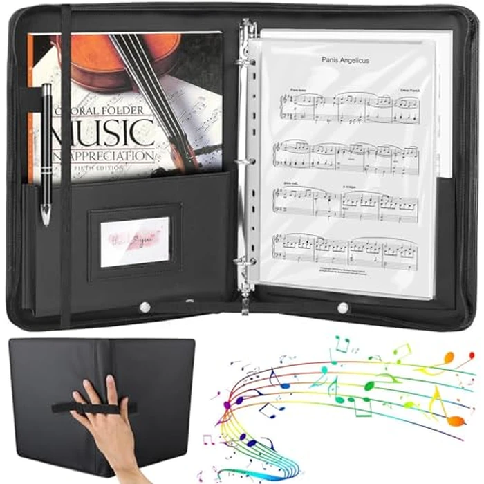 Sheet Music Folder, 13"x10.2" Choral Muisc Folder with Hand Strap, 3 Ring Music Folder with 30 Music Binder Bag Black PU Leather Choir Folders for Marching Band Piano Fits Letter Size 8.5x11 Inch by HIMOMO - Used - Very Good condition - US$22.44