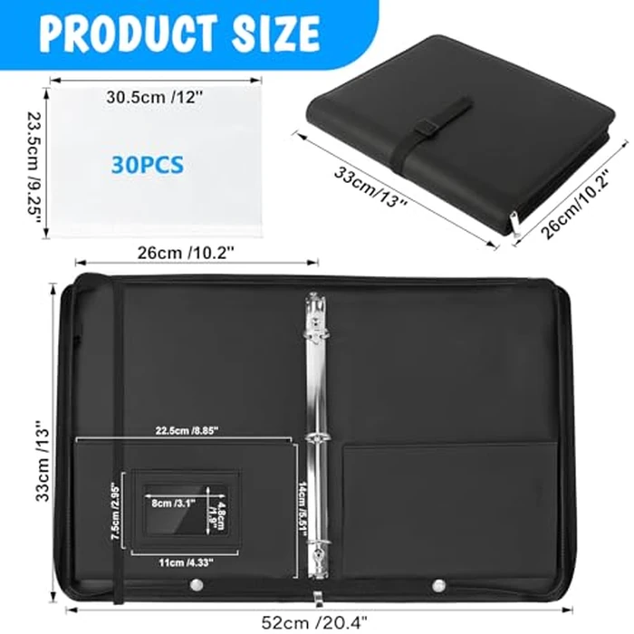 Sheet Music Folder, 13"x10.2" Choral Muisc Folder with Hand Strap, 3 Ring Music Folder with 30 Music Binder Bag Black PU Leather Choir Folders for Marching Band Piano Fits Letter Size 8.5x11 Inch by HIMOMO - Image 2