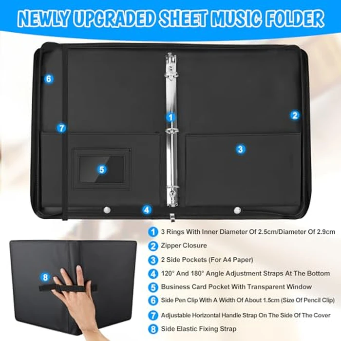 Sheet Music Folder, 13"x10.2" Choral Muisc Folder with Hand Strap, 3 Ring Music Folder with 30 Music Binder Bag Black PU Leather Choir Folders for Marching Band Piano Fits Letter Size 8.5x11 Inch by HIMOMO - Image 3